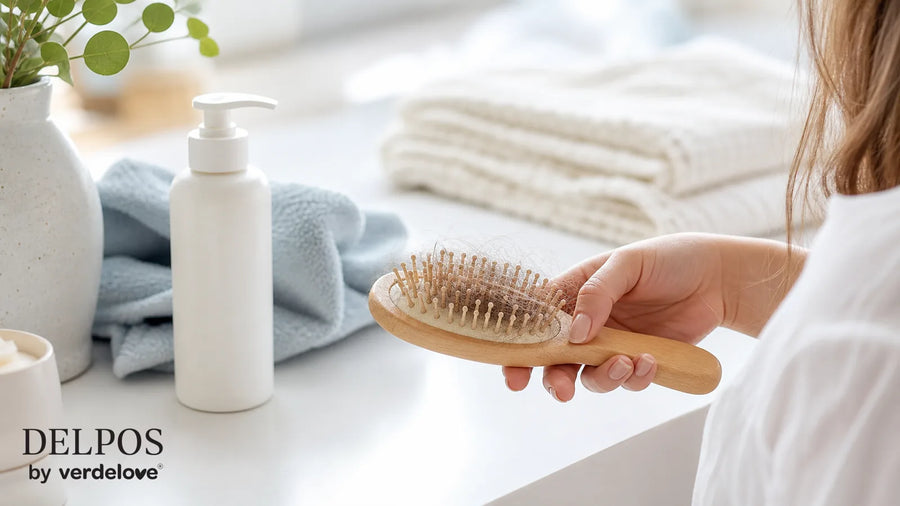Spokojna rutyna pielęgnacyjna po ciąży z hairbrushem, ręcznikiem i dermokosmetykiem bez etykiety