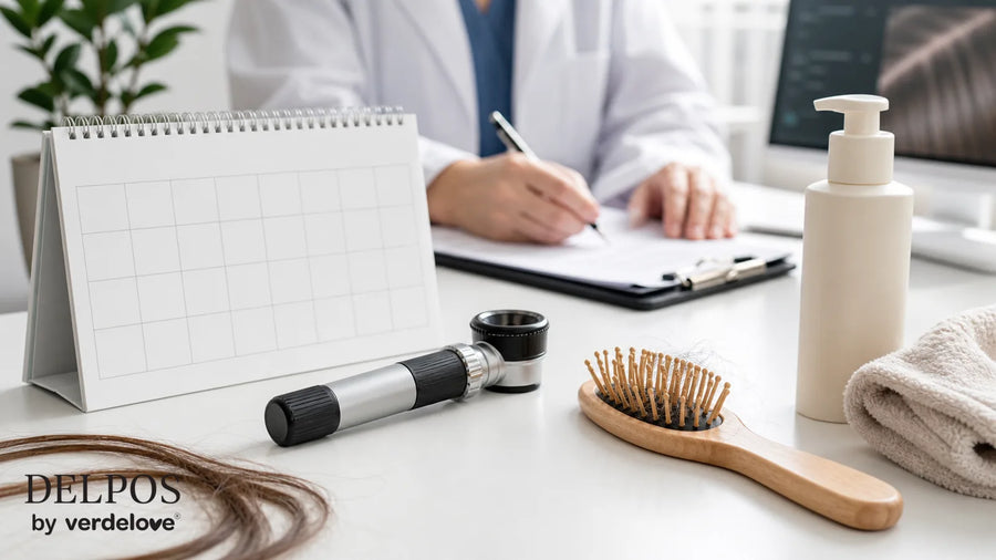 Jasne stanowisko trychologiczne z kalendarzem obserwacji, dermatoskopem i delikatną pielęgnacją skóry głowy