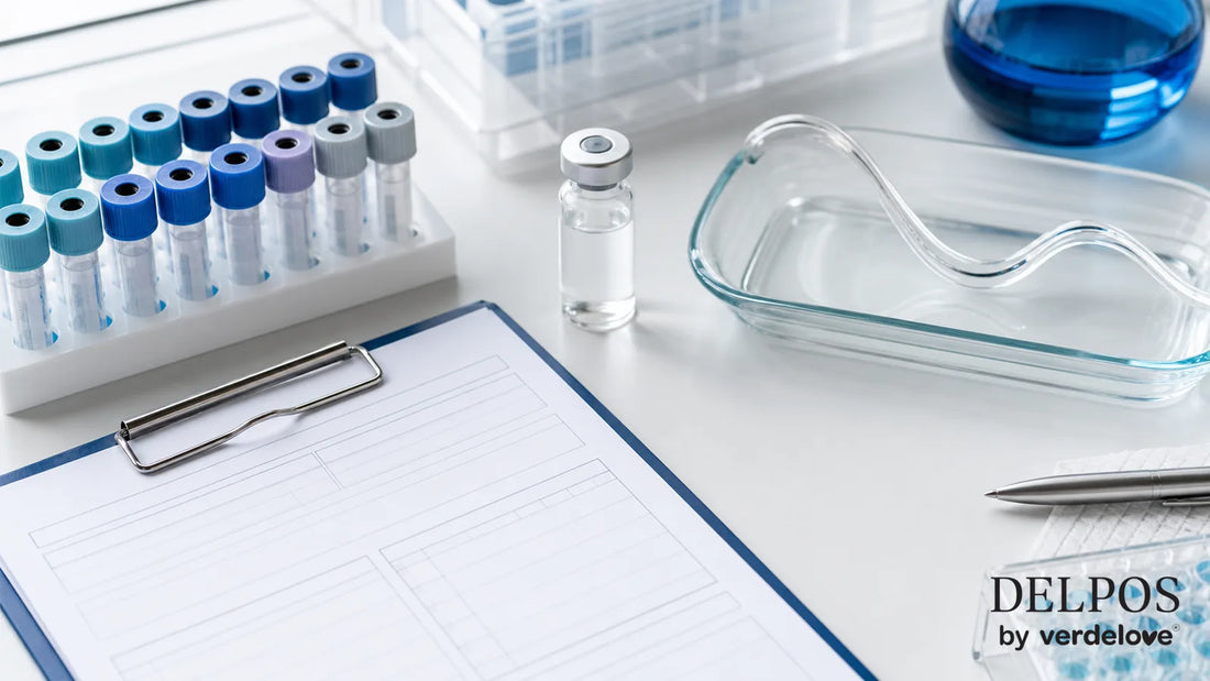 Kliniczna kompozycja z probówkami i formularzem badań przy diagnostyce wypadania włosów
