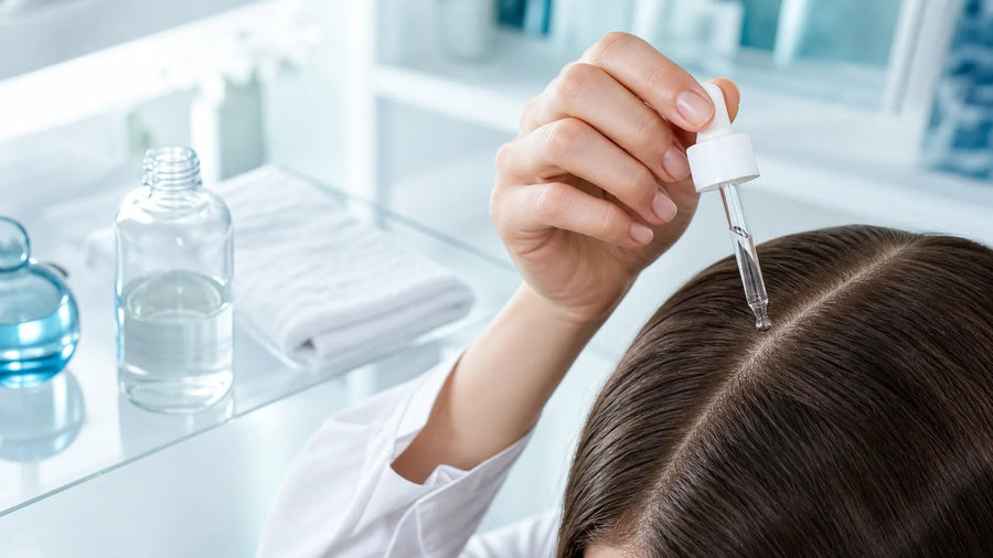 Precyzyjna aplikacja wcierki przeciw wypadaniu włosów pipetą bezpośrednio na skórę głowy