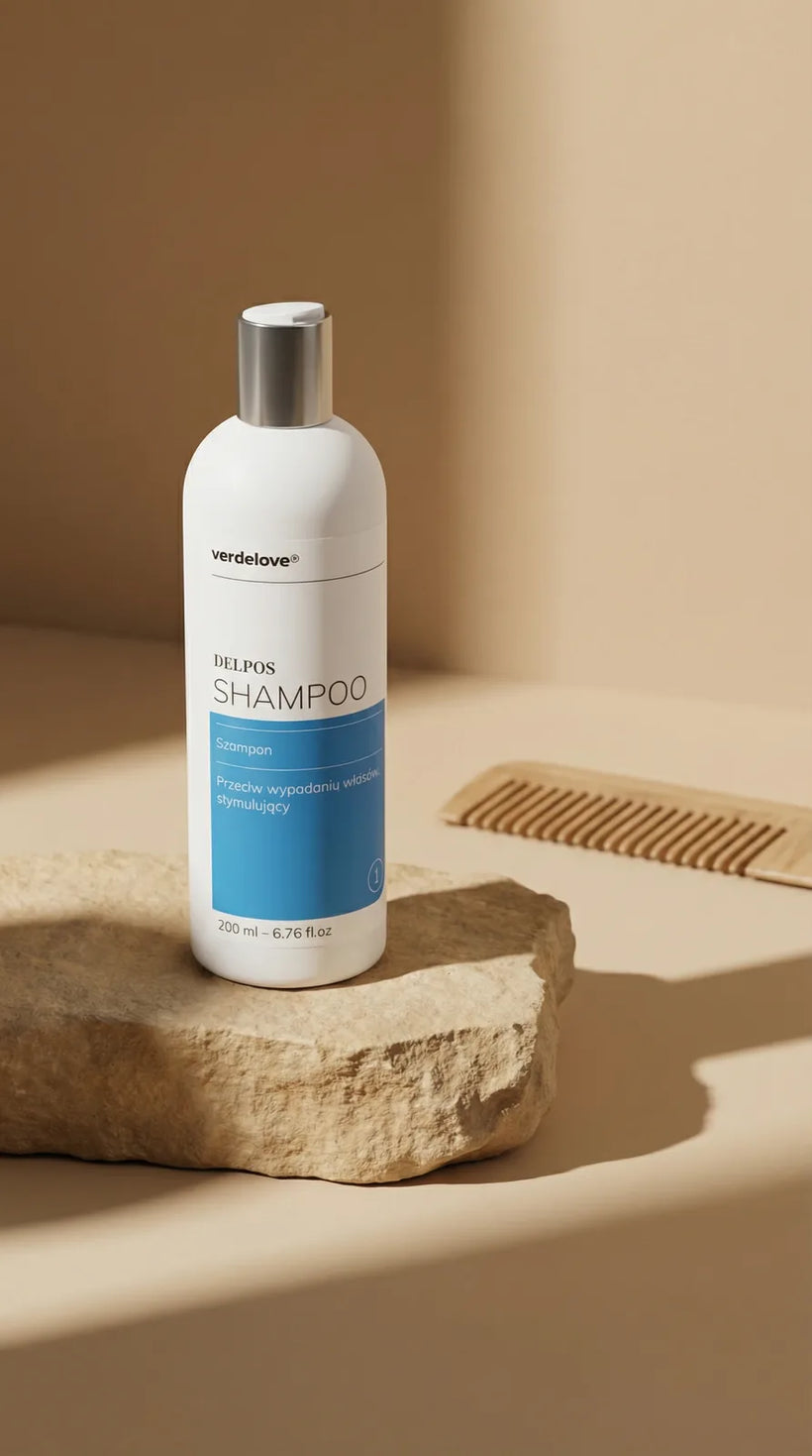 Delpos Shampoo - szampon wzmacniający włosy w aranżacji łazienkowej